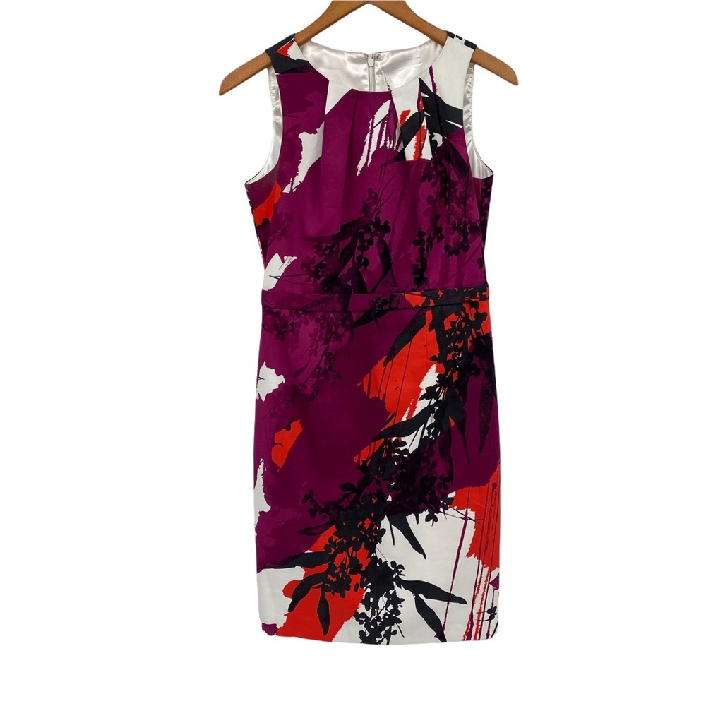 Tahari red, black, purple print sleeveless dress